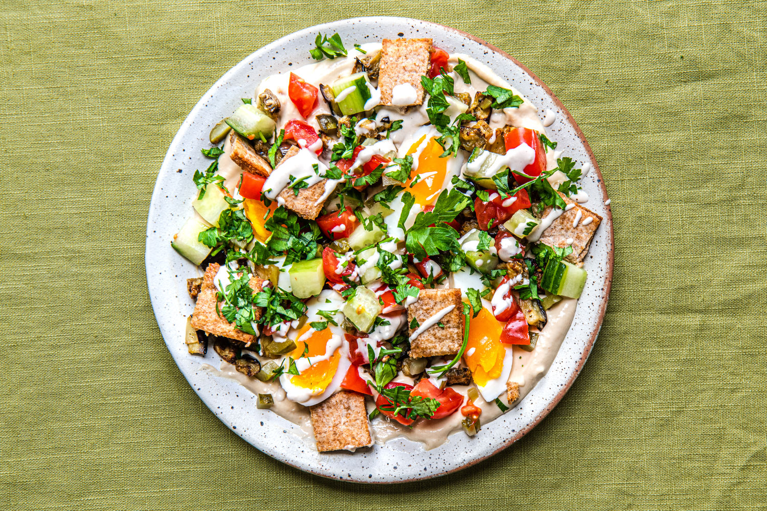 Air-Fried Aubergine, Tomato, Cucumber and Egg Chopped Salad with Hummus and Tahini Dressing | The Do