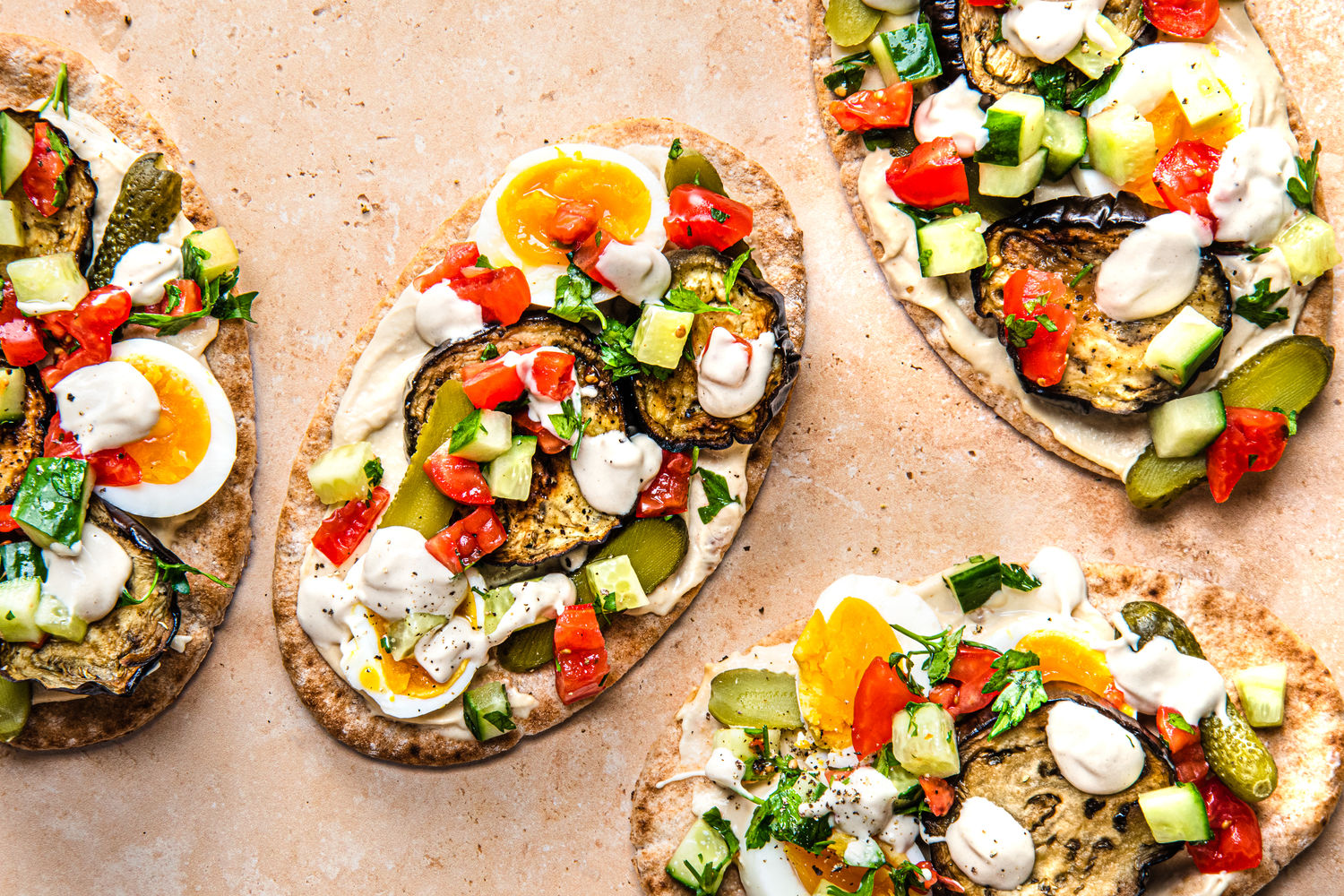 Air-Fried Aubergine, Tomato, Cucumber and Egg Pitta with Hummus and Tahini Dressing | The Doctor's K