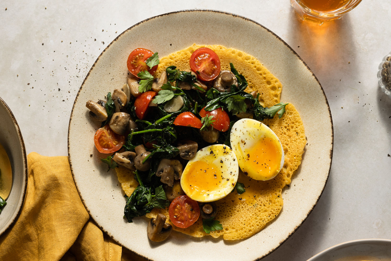 Chickpea Pancakes with Garlic Mushrooms, Spinach & Soft Boiled Eggs | The Doctor's Kitchen