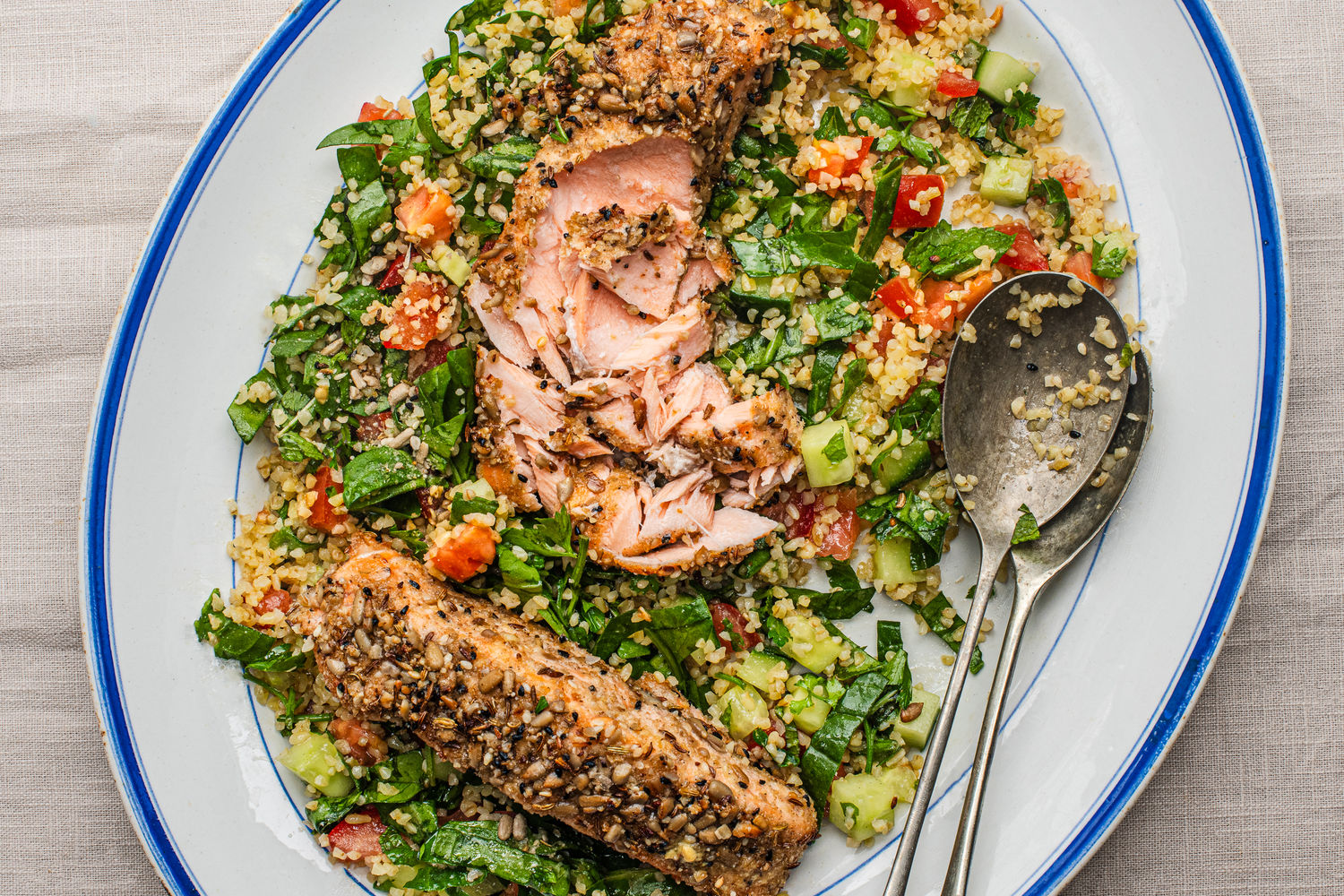 Everything Seed Crusted Salmon with Bulghur, Tomato and Cucumber Salad | The Doctor's Kitchen