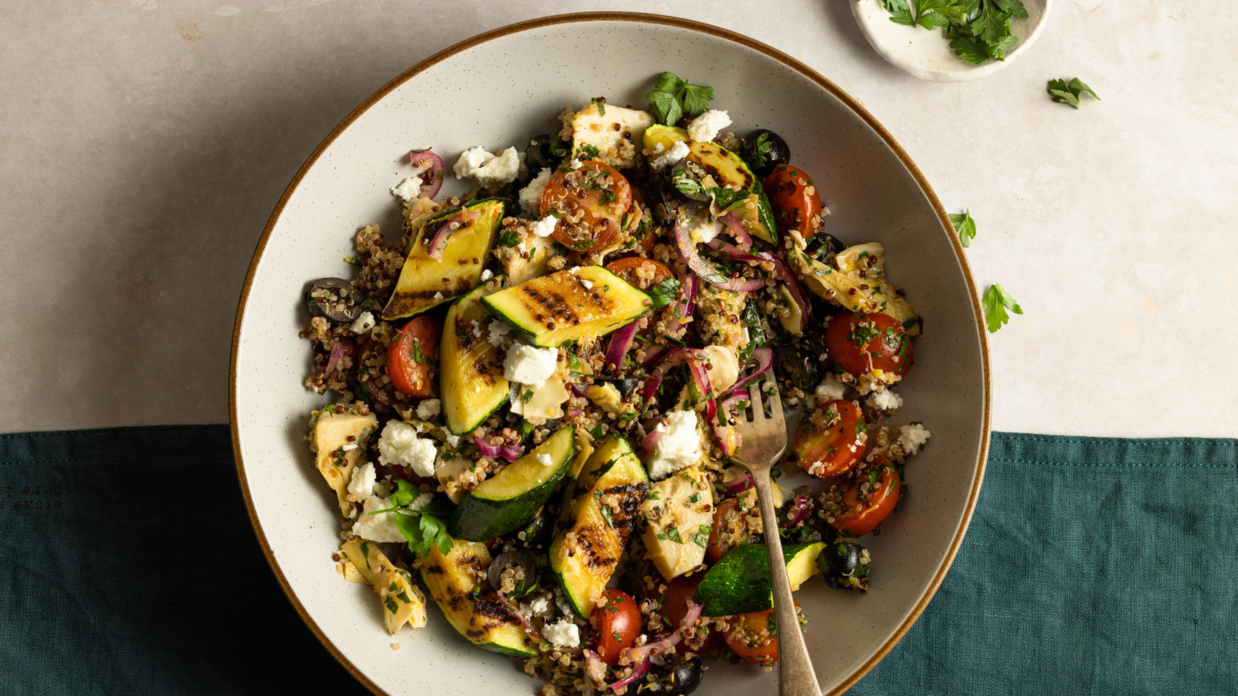 Grilled Courgette, Artichoke & Black Olive Quinoa Salad | The Doctor's Kitchen