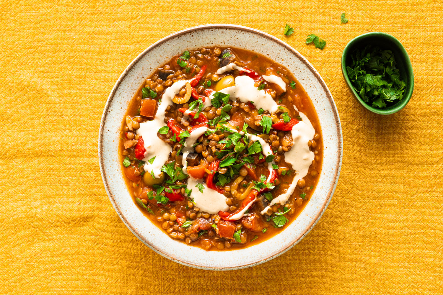 One Pot Harissa, Roast Pepper & Aubergine Lentils with Tahini | The Doctor's Kitchen