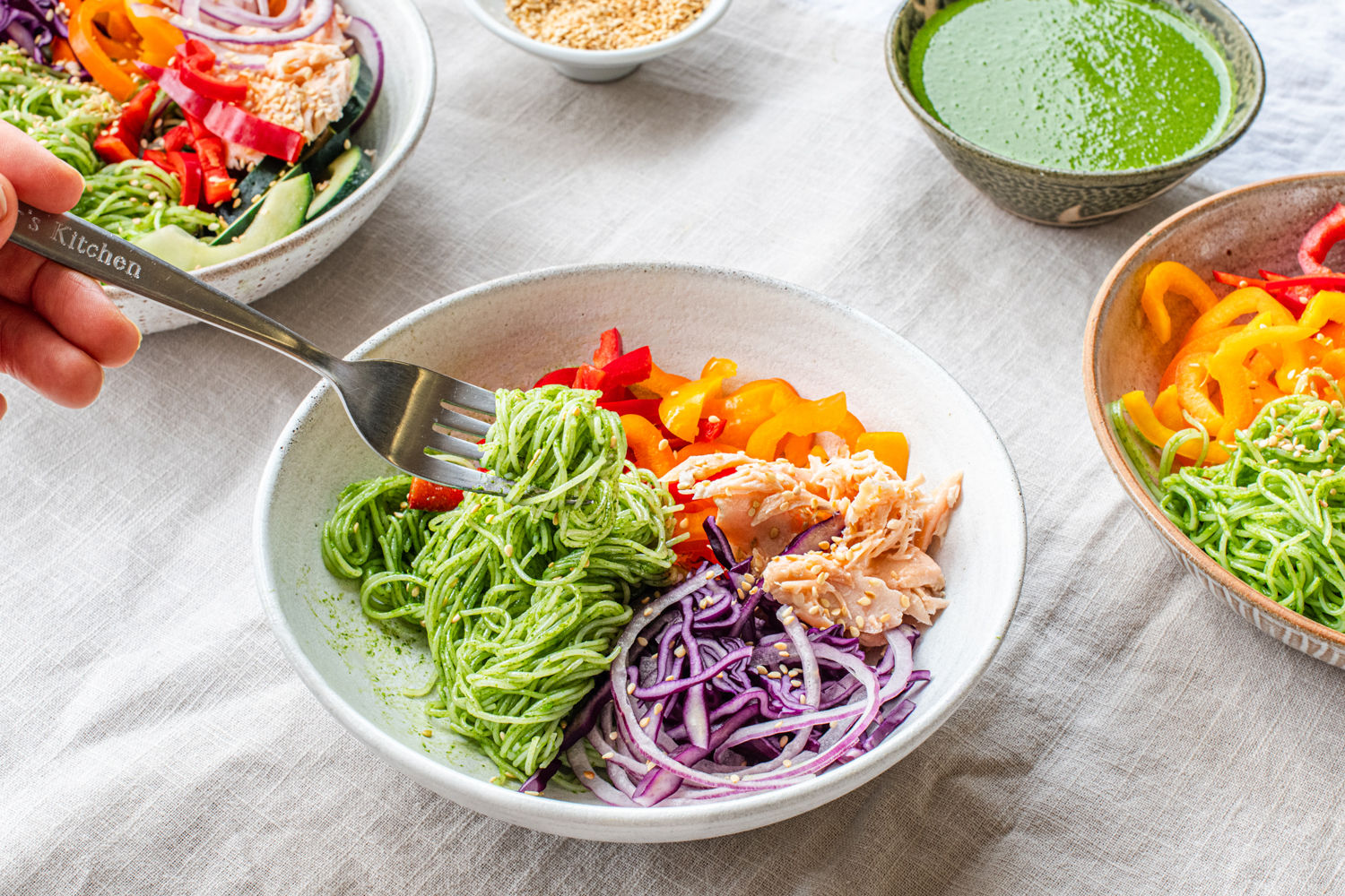 Rice Noodle Salmon Salad with Spinach, Coriander and Miso Pesto | The Doctor's Kitchen
