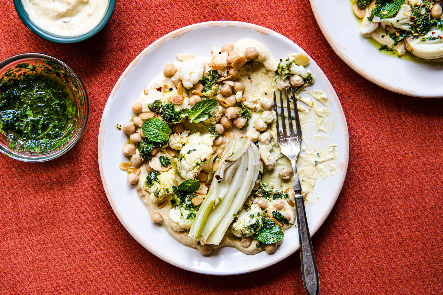 Roast Cauliflower, Fennel & Chickpeas with Curried Yoghurt, Coriander Dressing & Almonds | The Docto