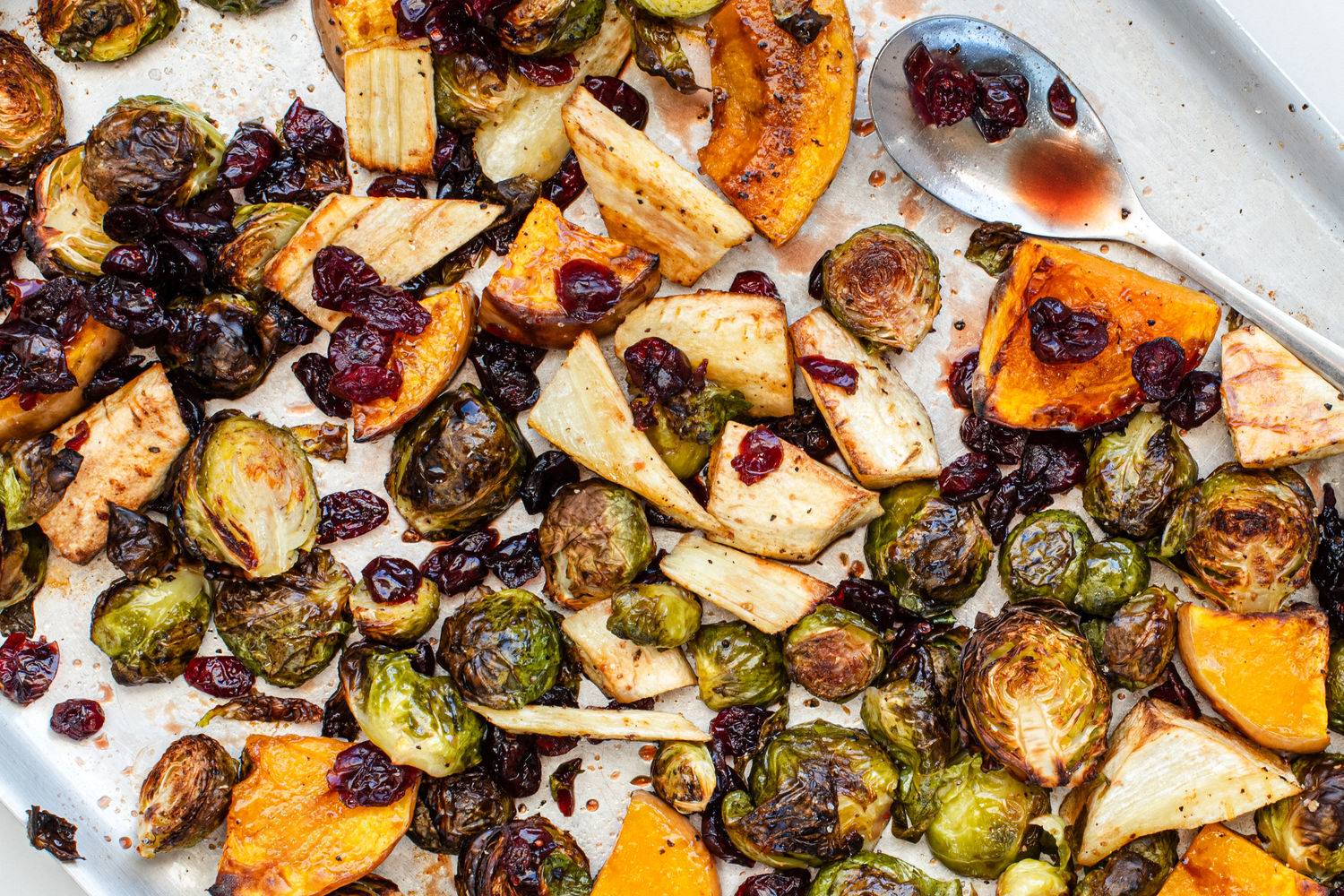 Roasted Parsnips, Butternut Squash, Brussels Sprouts, and Balsamic Cranberries