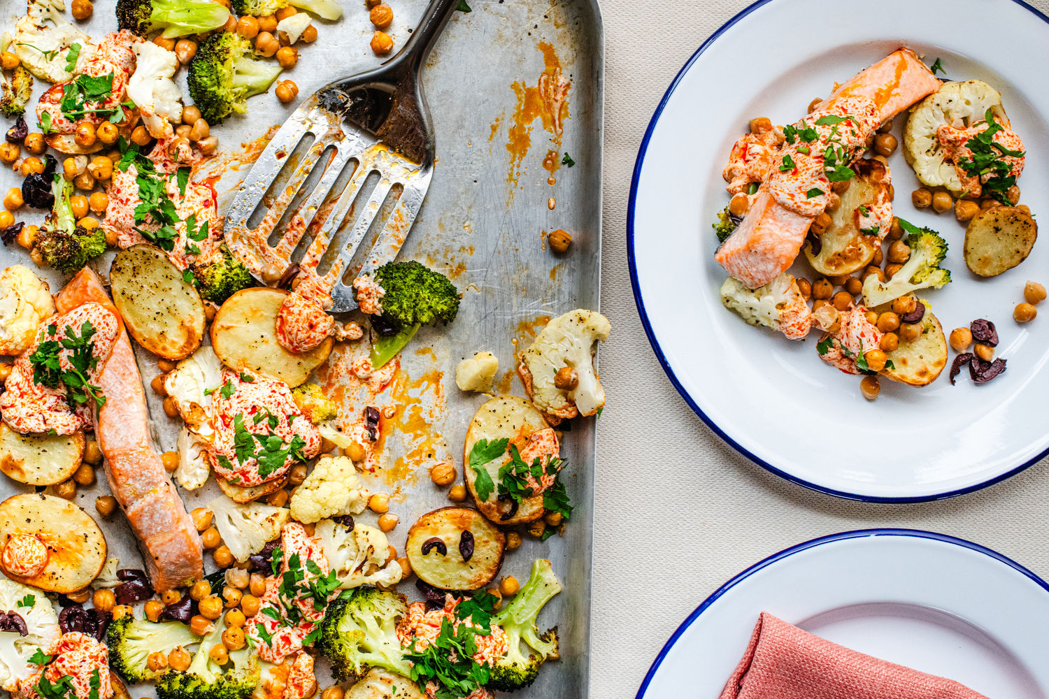 Salmon, Broccoli and Potato Traybake with Harissa Yoghurt | The Doctor's Kitchen