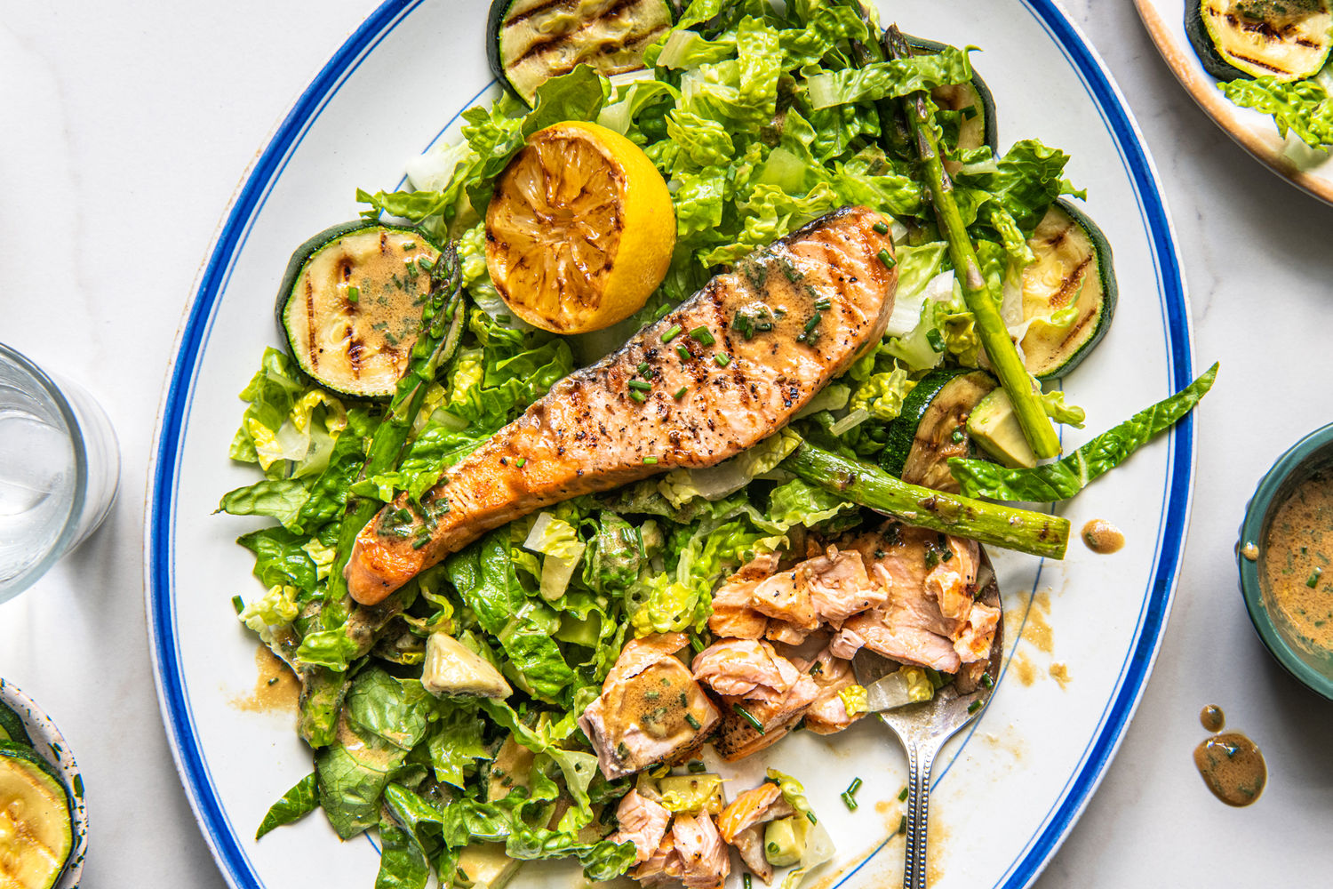 Sheet Pan Salmon with Grilled Greens and Dijon Dressing | The Doctor's Kitchen