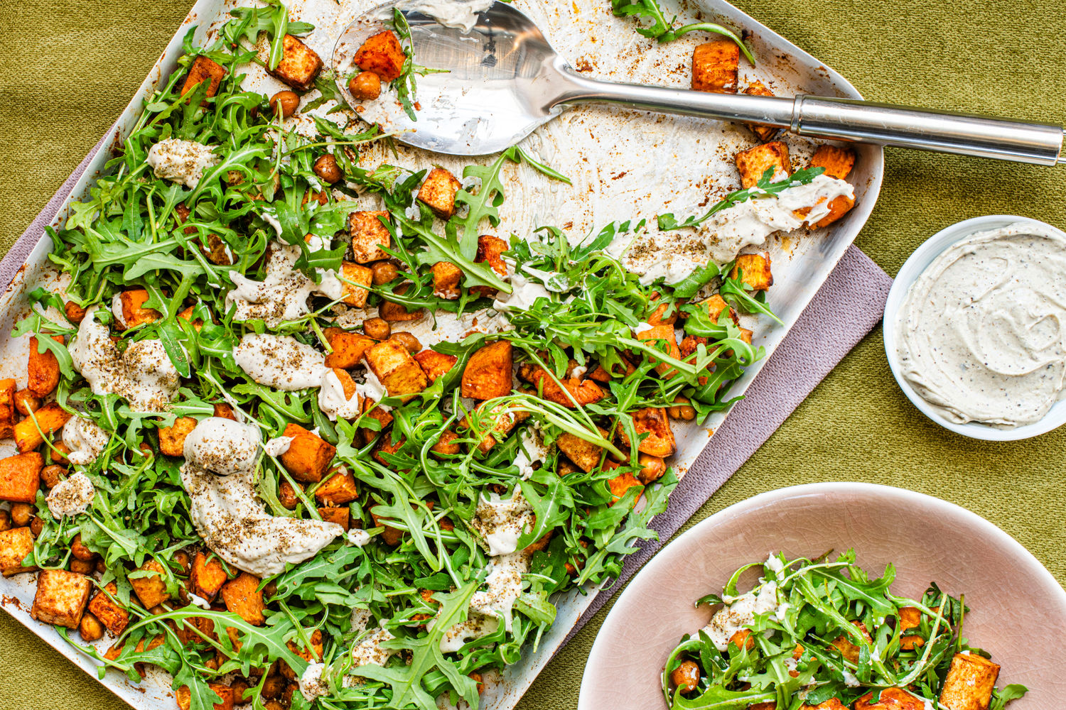 Tofu, Sweet Potato, and Chickpea Traybake with Za’atar Tahini Yoghurt | The Doctor's Kitchen